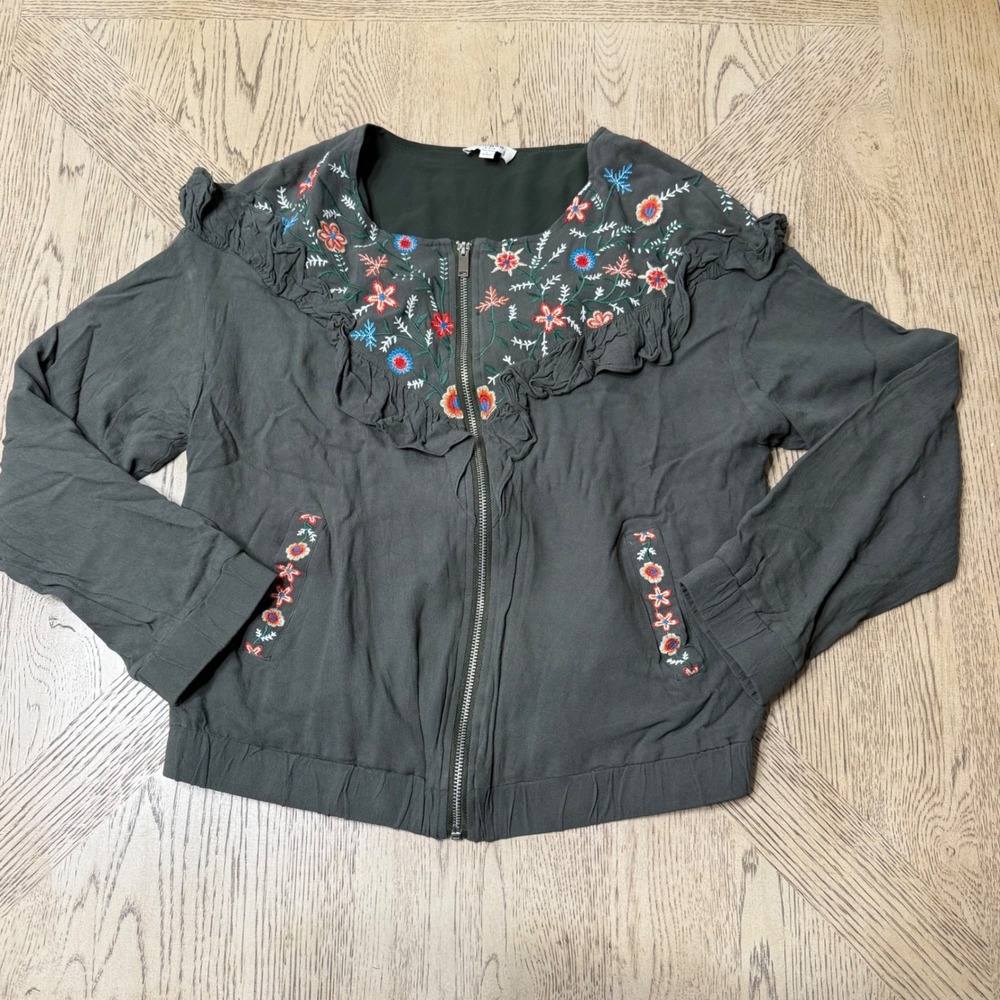 Umgee USA Large Green Floral Embroidered Ruffle‎ Collar Zip Up Jacket